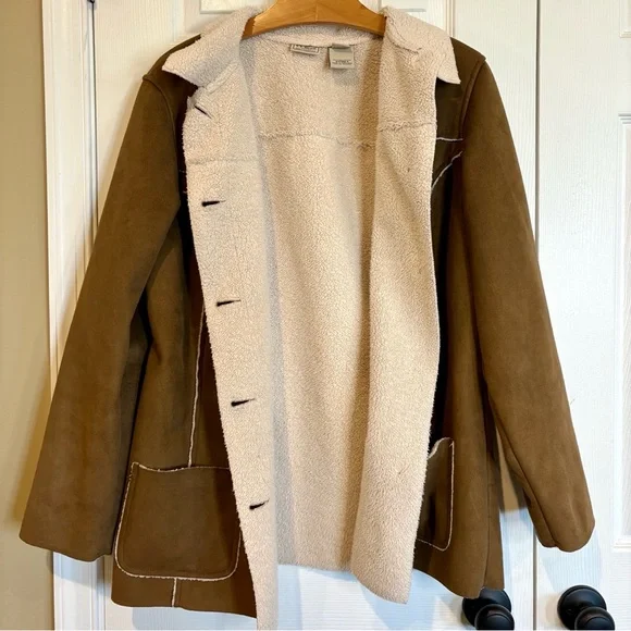 L.L. Bean Faux Suede Sherpa Lined Coat Jacket, Brown Button Up Women's Large - Picture 4 of 11